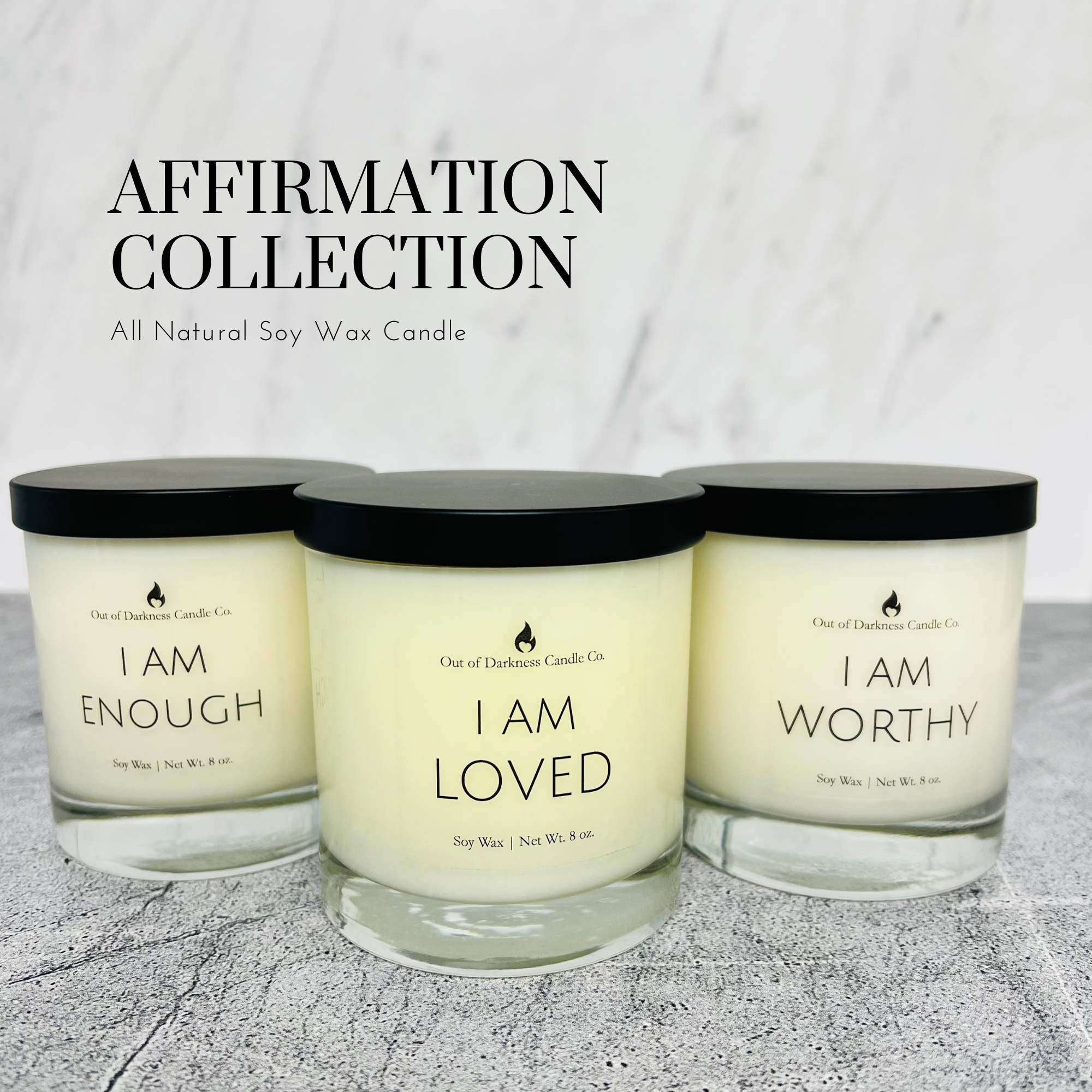 three clear glass jar candles that say I am enough, I am loved and I am worthy affirmation collection all natural soy wax candle