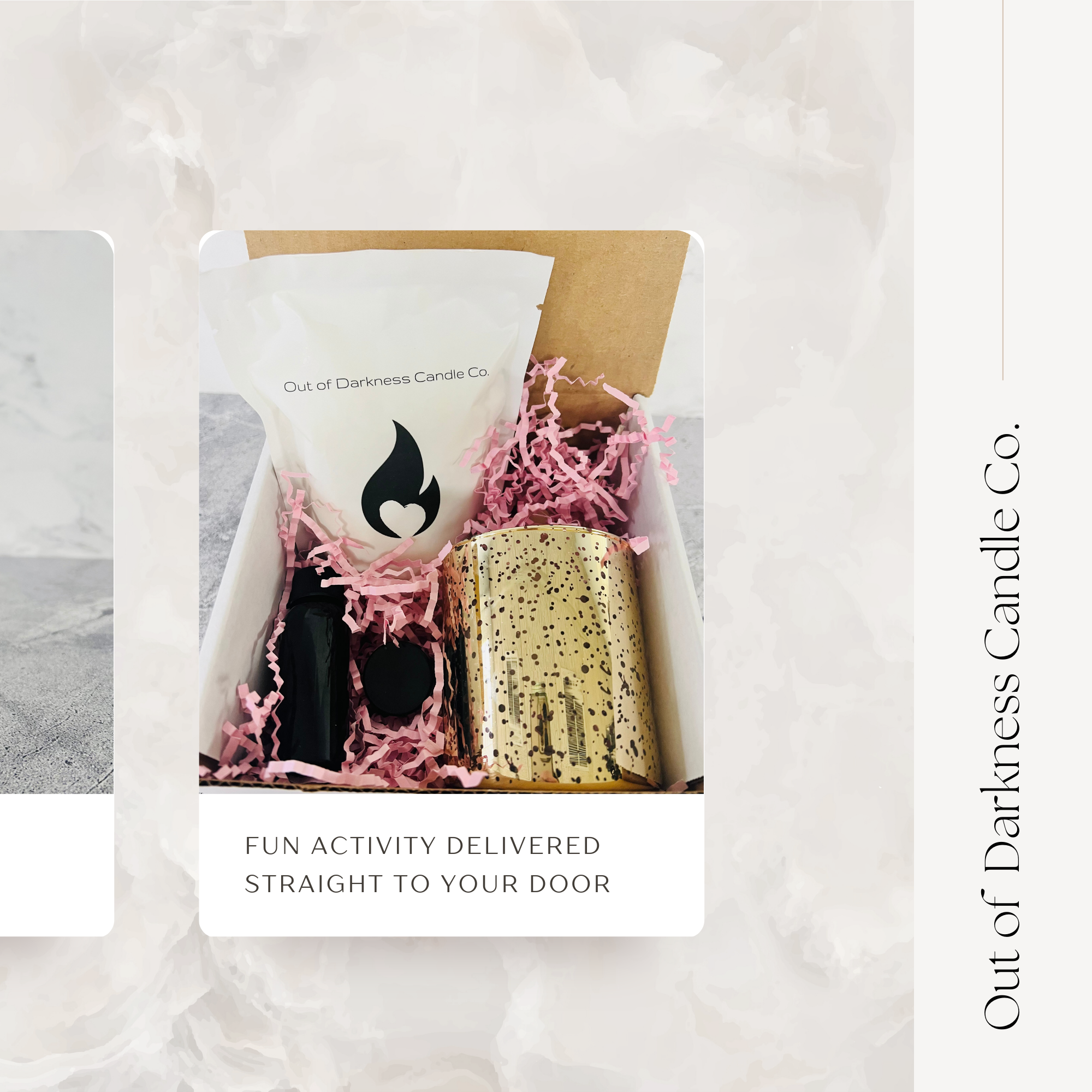 gold metallic candle vessel, black bottle, white bag of wax in a box surrounded by pink crinkle cut paper says fun activity delivered straight to your door