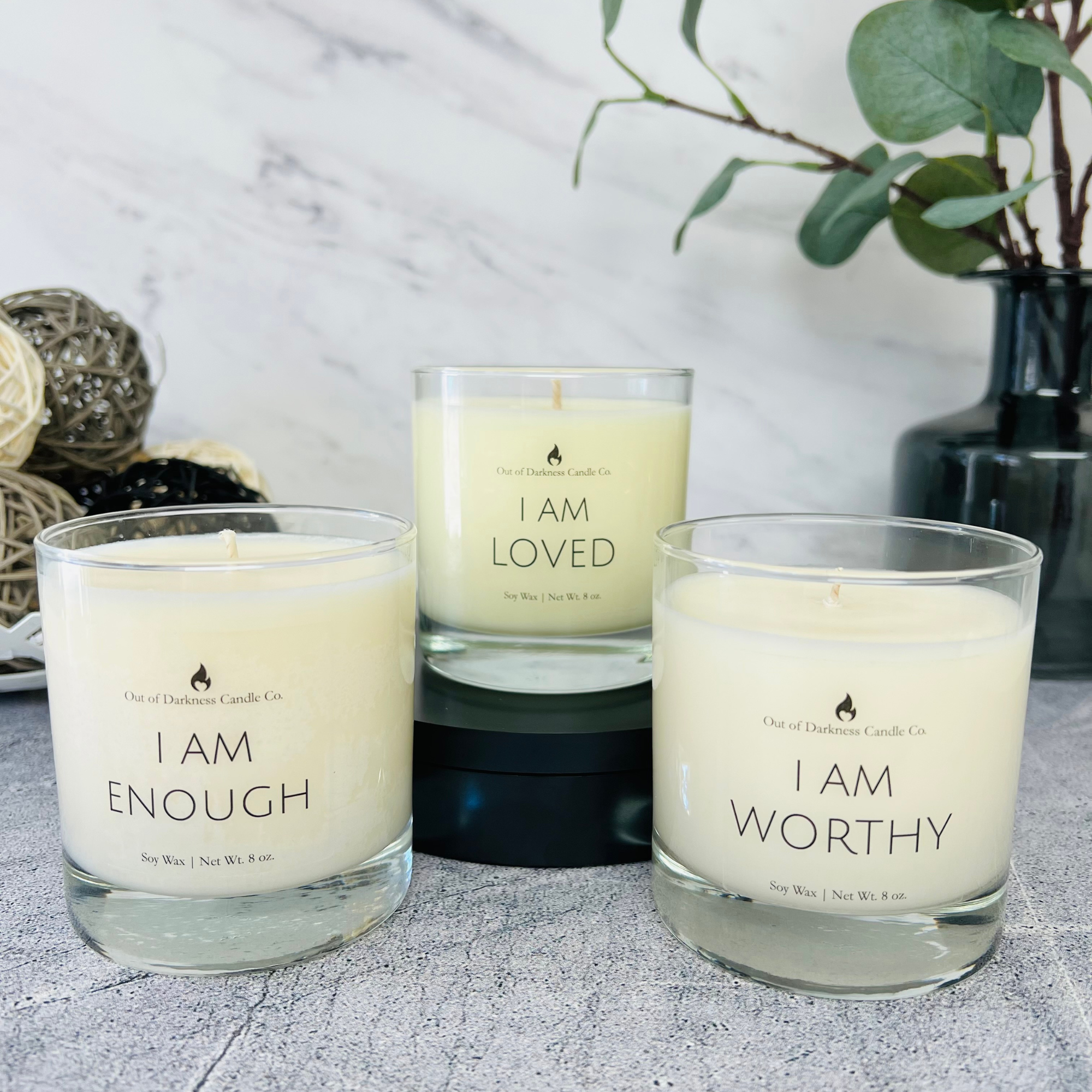 set of three candles say I am enough, I am loved I am worthy