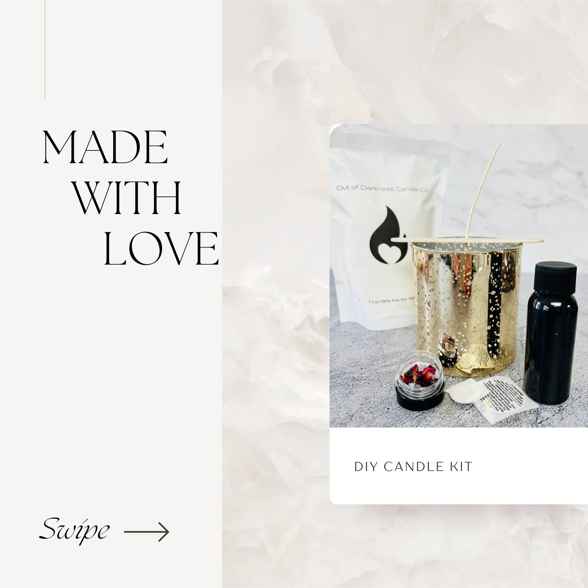 Graphic says made with love DIY Candle Kit-Gold fleck vessel with a cotton with and wooden holder surrounded by a black bottle, a warning sticker, a small container with rose petals and a white bag with black flame company logo on it