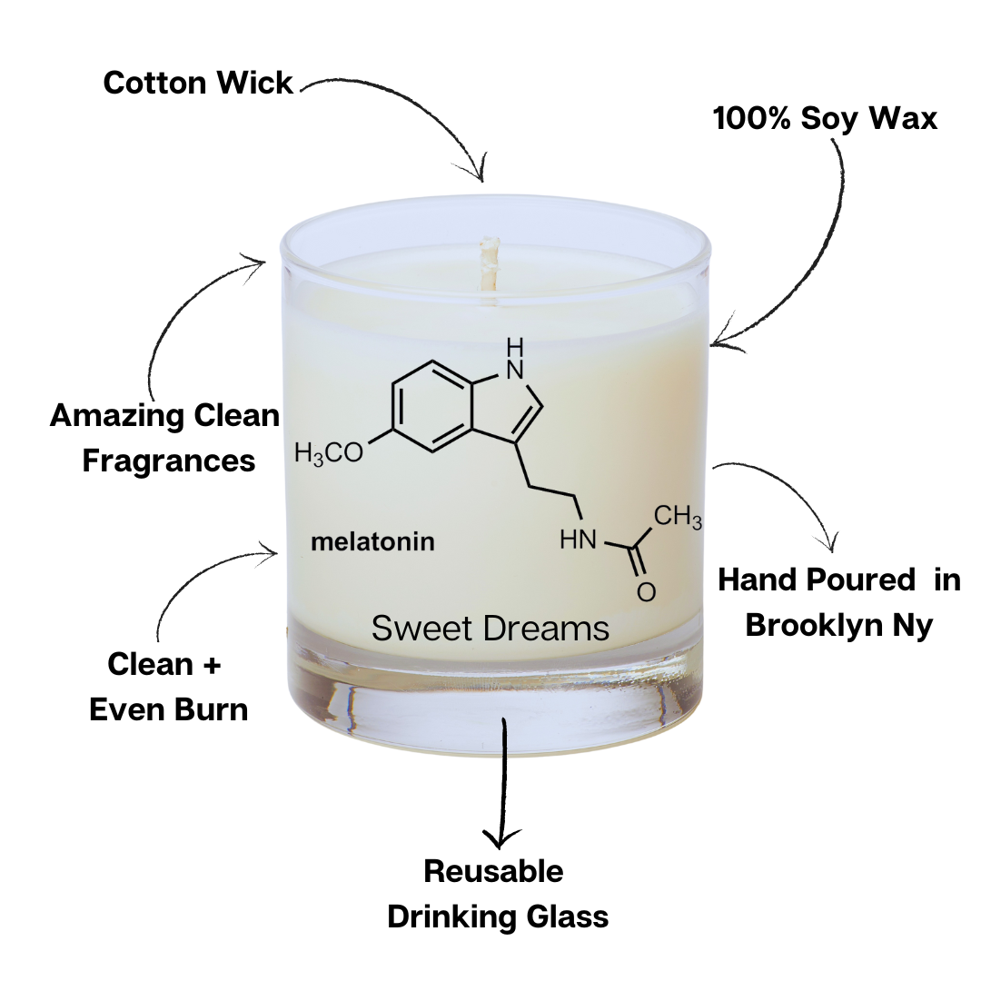 Clear Glass Jar 8 oz Soy Candle that has a black flame company logo on the top- Out of Darkness Candle Co right beneath it In larger letters centered in the middle it has the melatonin molecule and says Sweet Dreams underneath, and below that Soy Wax Net Wt. 8 oz Around the candle are arrows that describe what is in the candle- 100% Soy Wax, Cotton Wick, Hand Poured in Brooklyn NY Resuable Drinking Glass, Clean and Even Burn, Amazing Clean Fragrance
