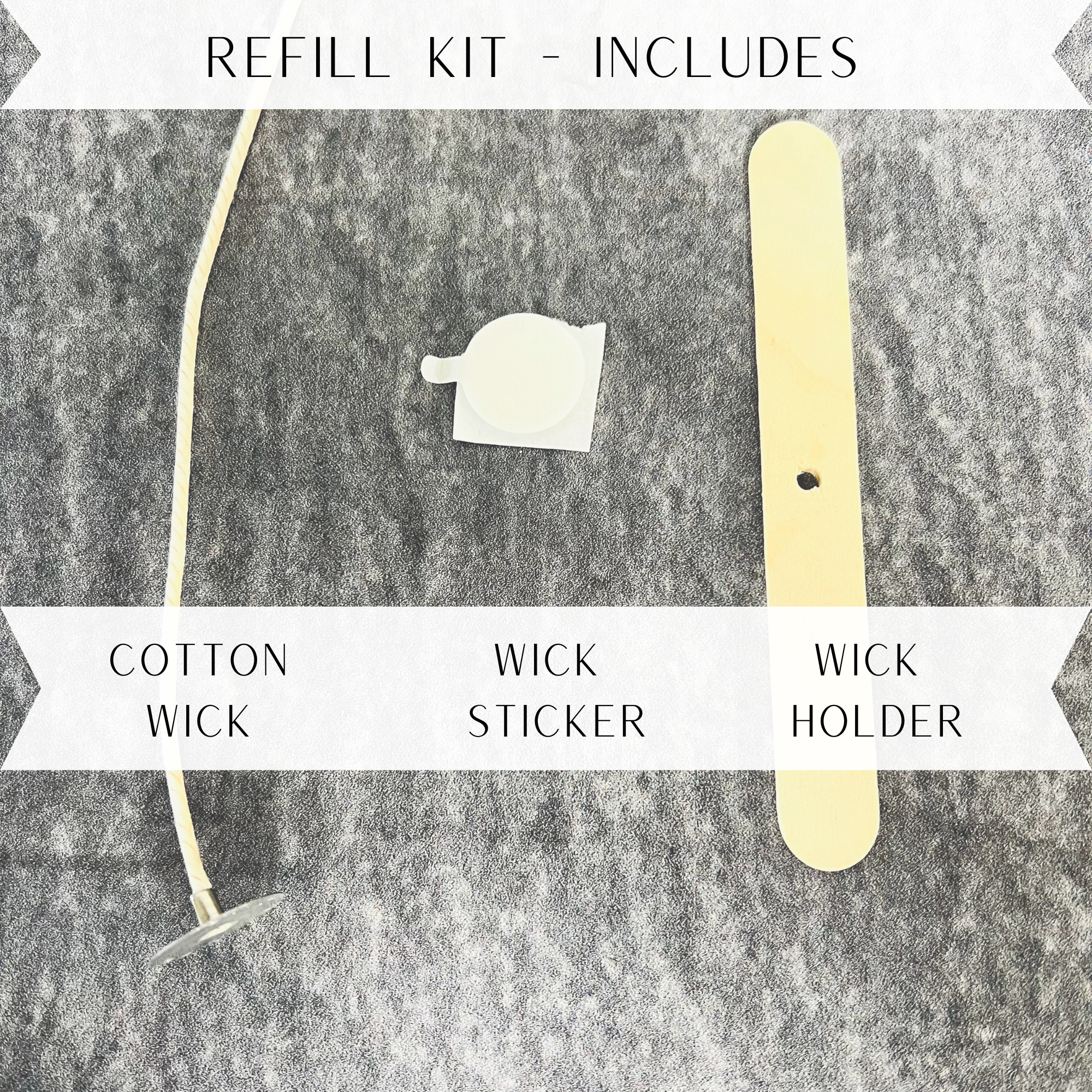 A cotton wick, a wick stick and a wooden wick holder that reads refill kit includes