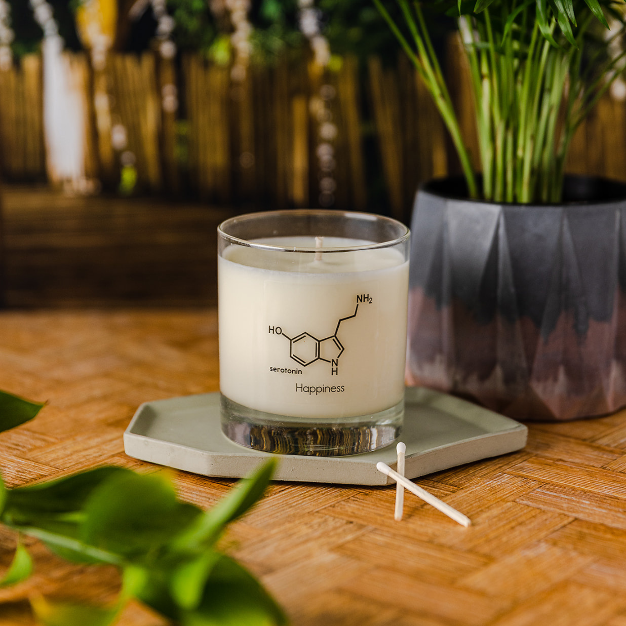 clear glass jar candle with the molecule serotonin on it surrounded by wood and greenery